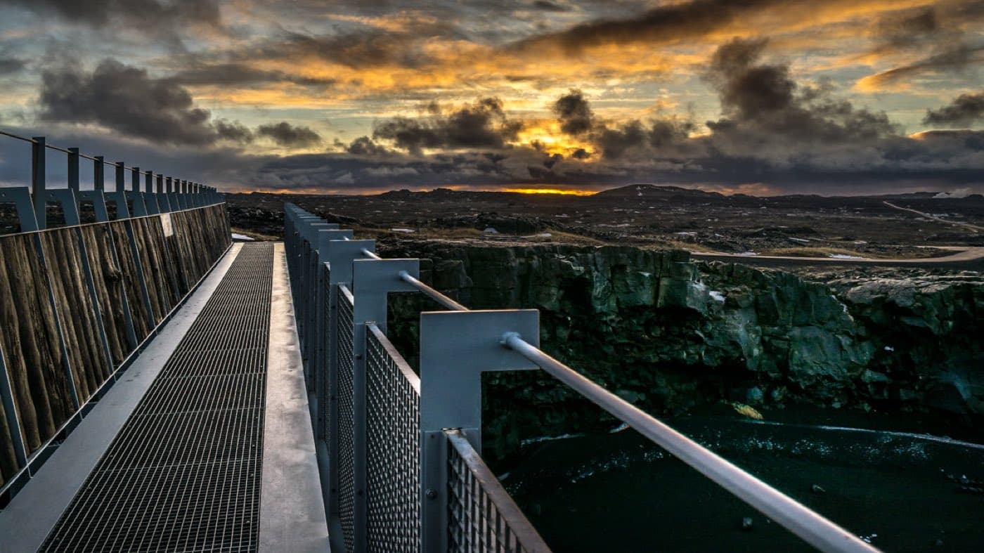 The Bridge Between Continents footbridge over the rift on the Reykjanes peninsula