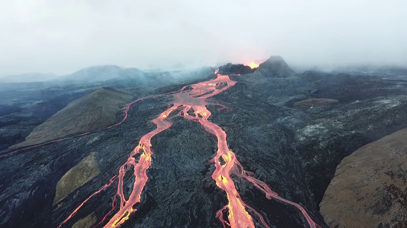 Fresh lava and steaming ground at the Fagradalsfjall eruption site