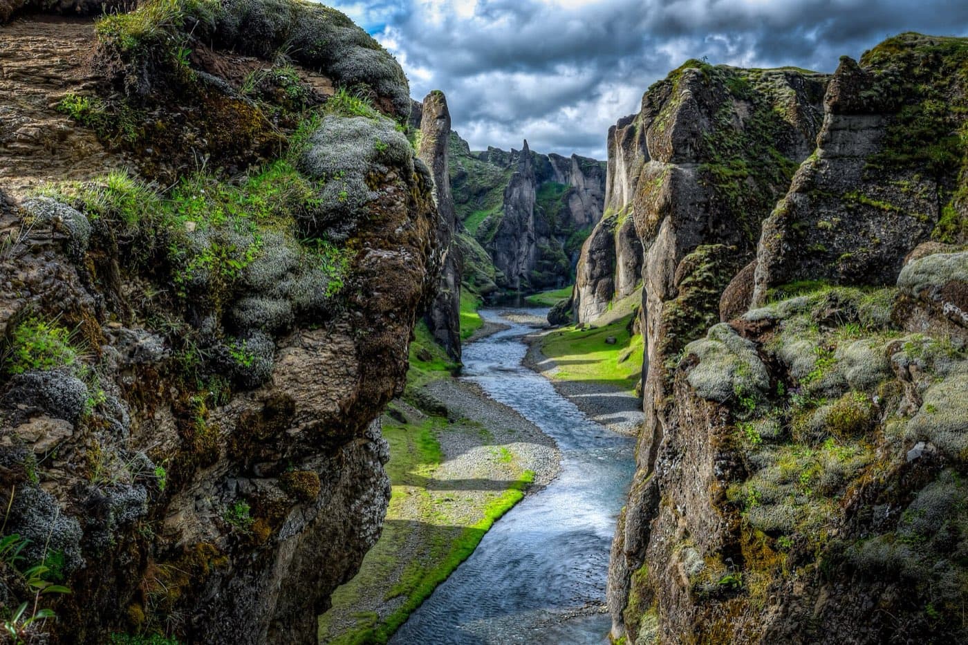 The winding mossy walls of Fjadrargljufur canyon in south Iceland