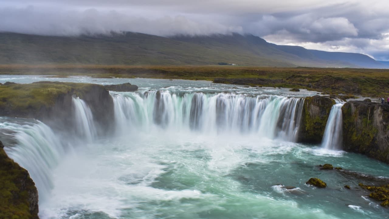 The curved horseshoe of Godafoss waterfall in north Iceland