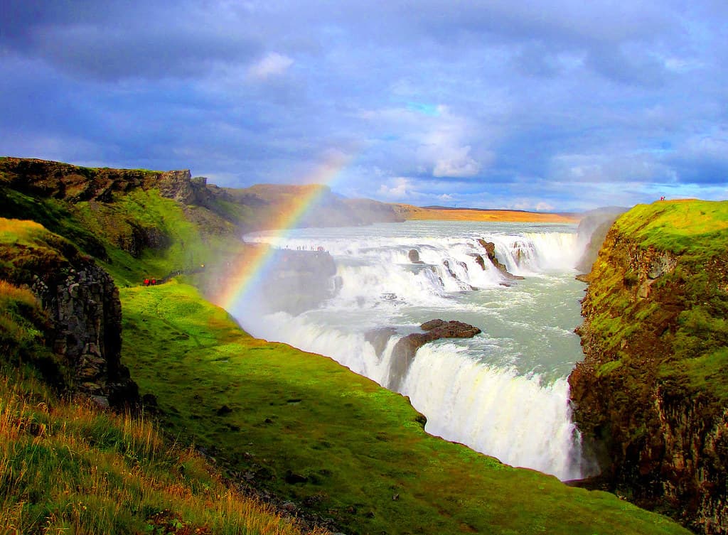 Spray rising from the two tiers of Gullfoss waterfall