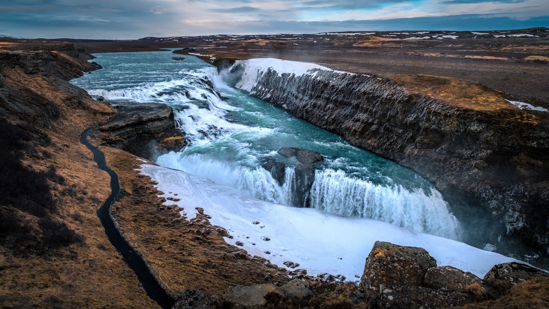 The two-tier Gullfoss waterfall on the Golden Circle route