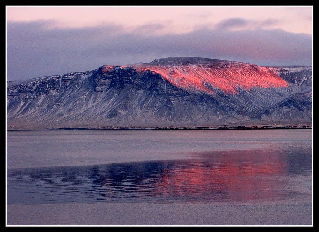 Snow on the ridges of Mount Esja near Reykjavik