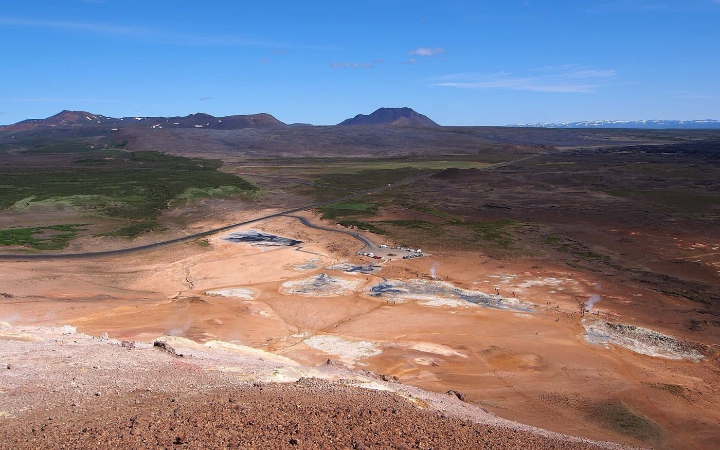 Steaming mud pots and ochre ground at the Namafjall Hverir geothermal field