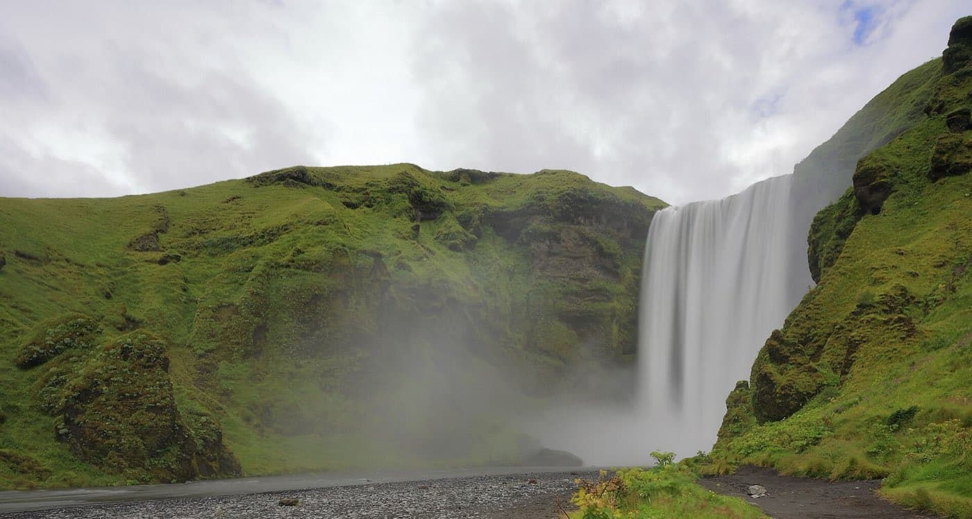 Skogafoss waterfall falling in a single wide drop on the south coast