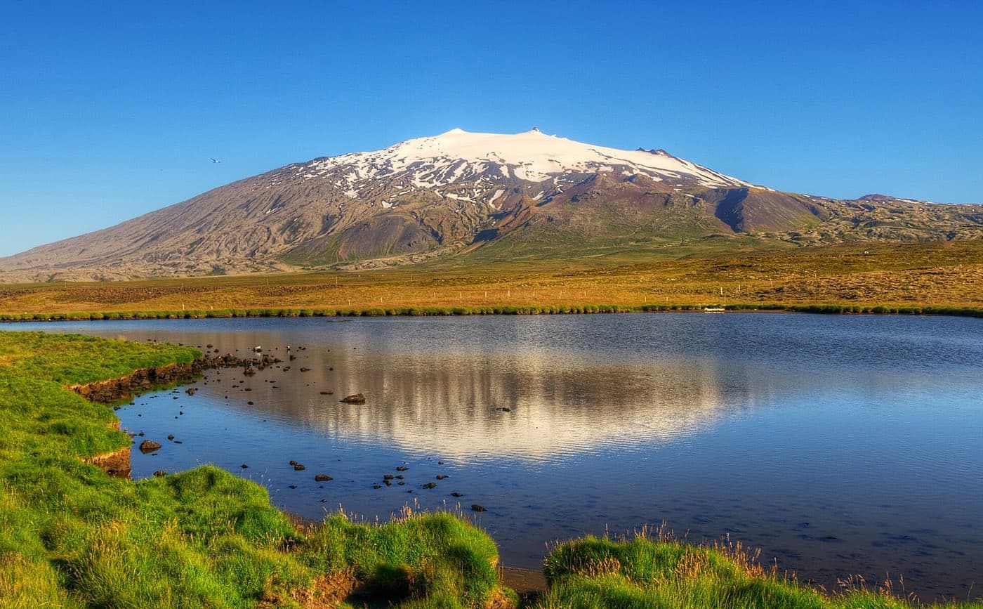 The Snaefellsjokull glacier volcano at the tip of the Snaefellsnes peninsula