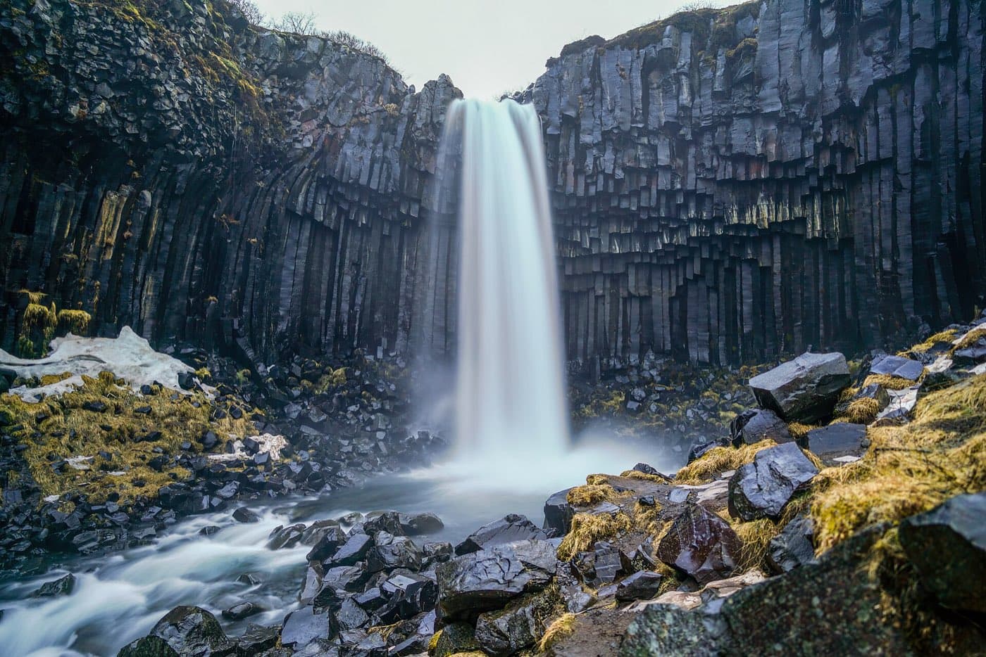 Svartifoss waterfall framed by dark basalt columns in Skaftafell