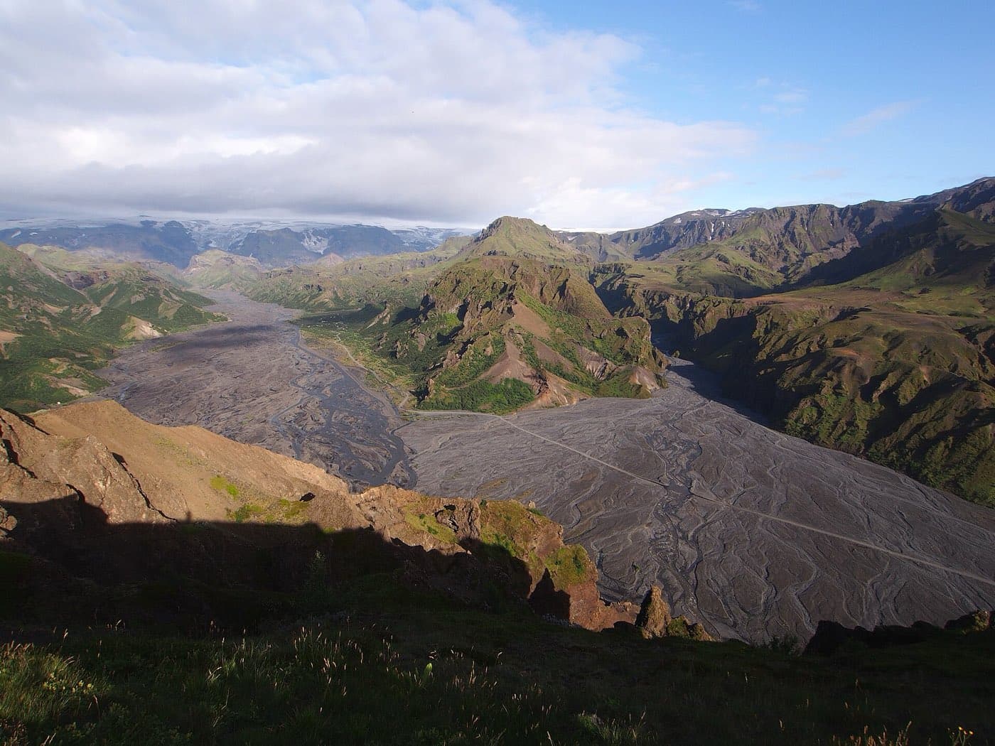 Glacier-fed rivers and green ridges in the Thorsmork valley